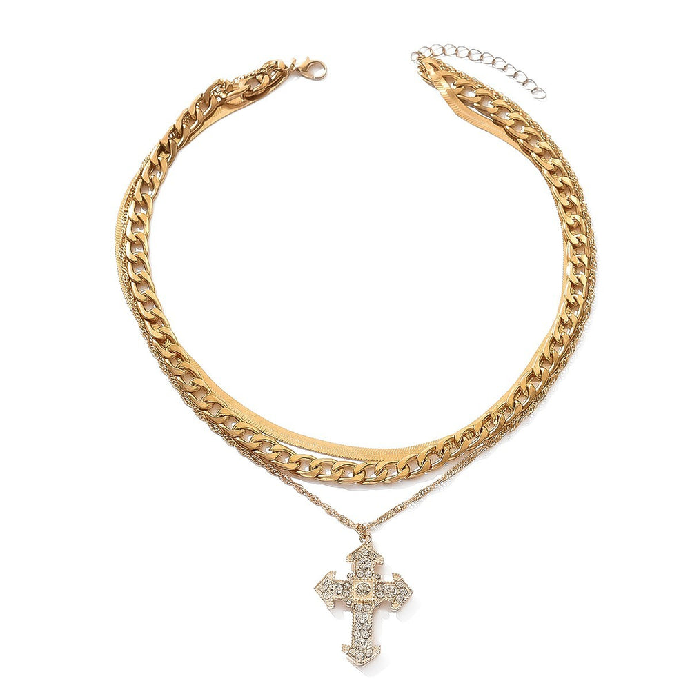 Wholesale gold cross necklace - cross-border hot seller, multi-layered stackable diamond-studded jewelry, women's creative minimalist alloy necklace