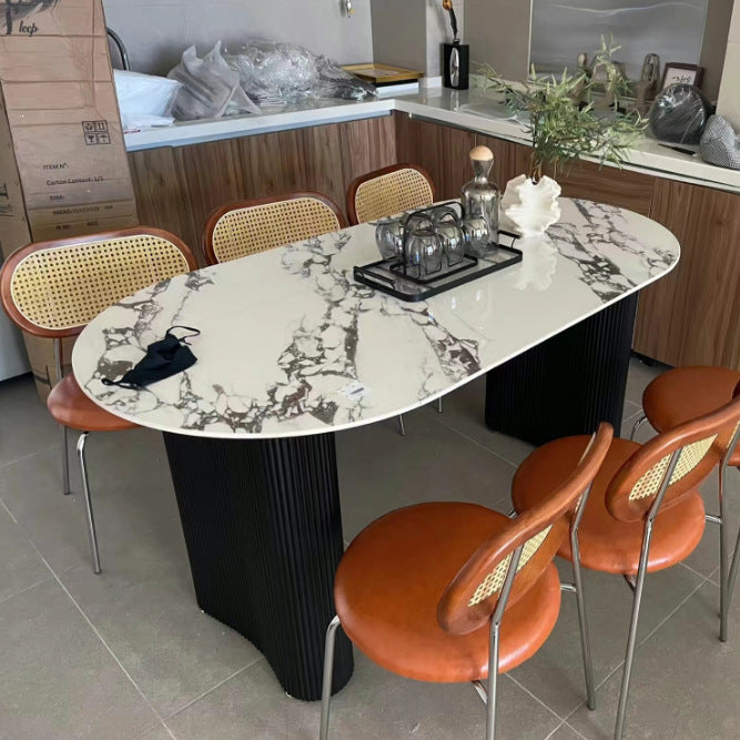 French cream oval dining table with marble full base, retro small apartment dining chair, marble top dining table