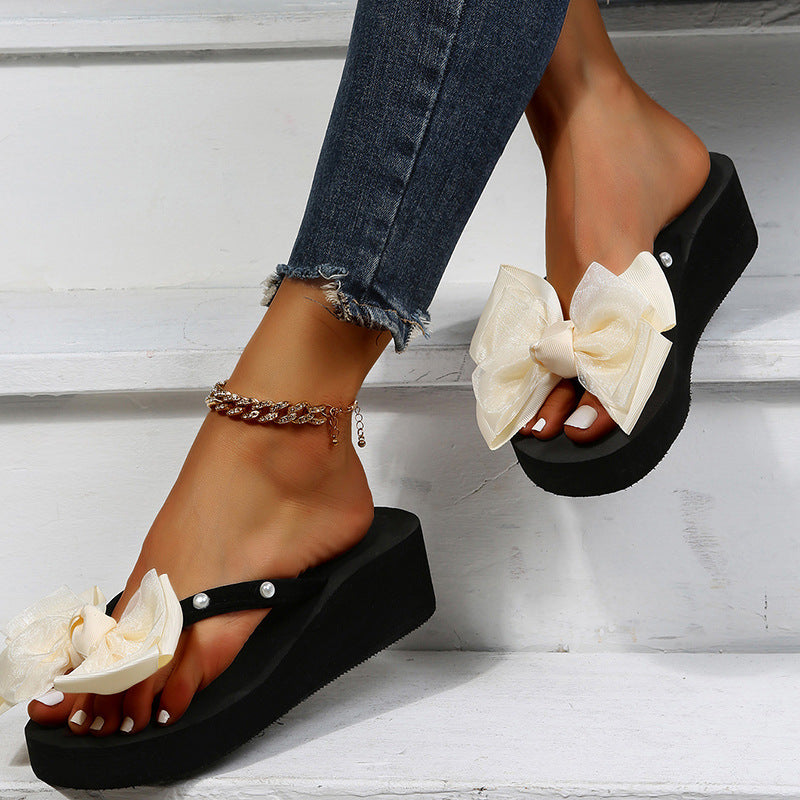2025 new round-toe flip-flops women's fashion export plus size rhinestone bow minimalist beach sandals