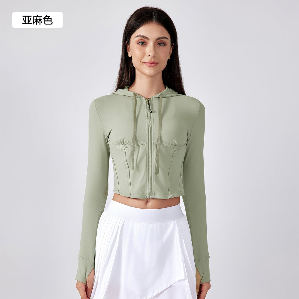 New women's outdoor sports & fitness apparel: slim-fit, short yoga jacket with hood and drawstring – daw184