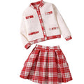 girls' christmas style outfit: red plaid skirt & elegant long-sleeve jacket two-piece set