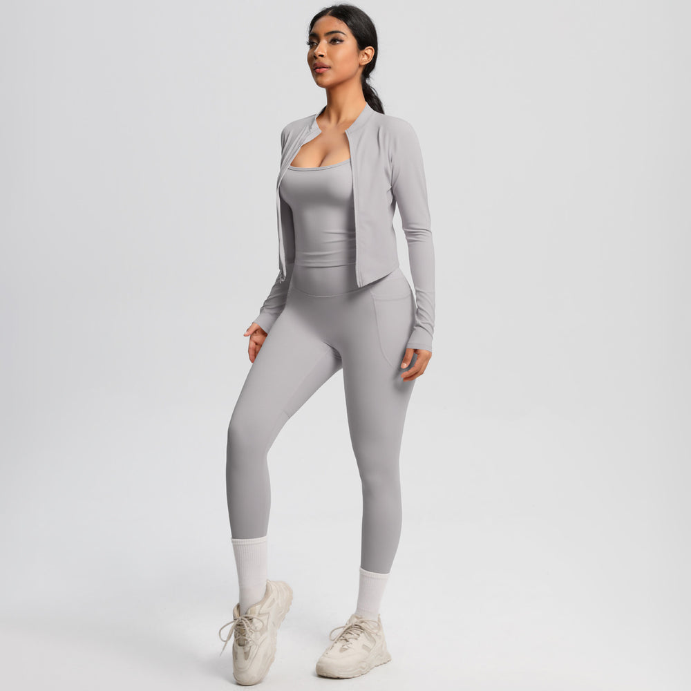 European and american outdoor casual tight-fit pocket yoga outfit set - quick-dry, high-waisted, slimming, cloud-like comfort, three-piece activewear set