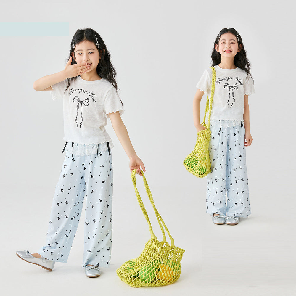 Girls' summer short-sleeve and pants set,  new style, kids' bowknot slim-fit two-piece set, comfortable children's clothing