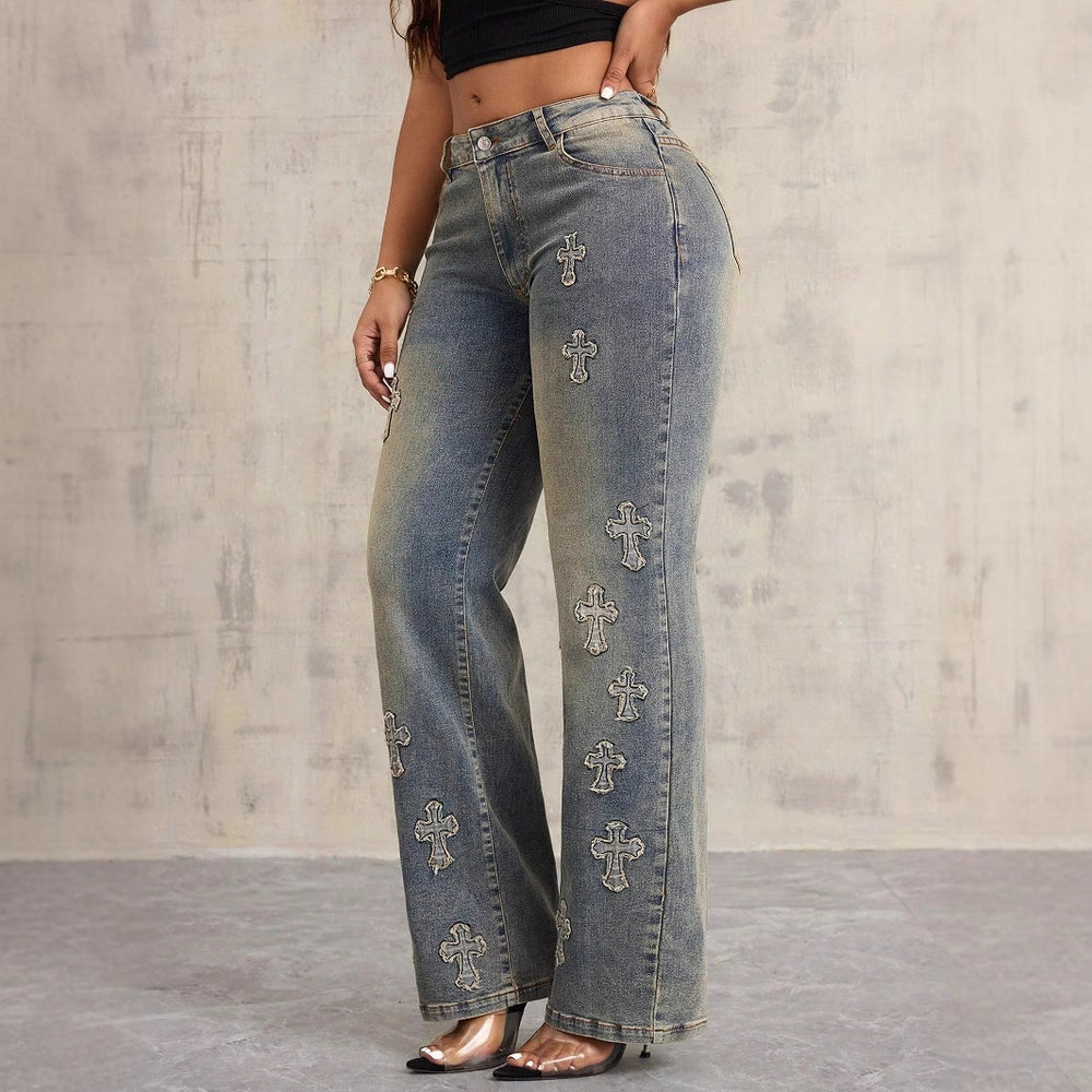 Pre-sale 50-15877#  cross-border women's clothing european and american new style straight-leg fashion cross denim long