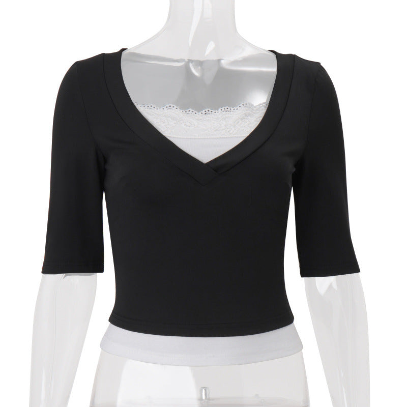 Amazon women's clothing  summer new fashion trendy versatile slim-fit elegant solid color short-sleeve top two-piece set