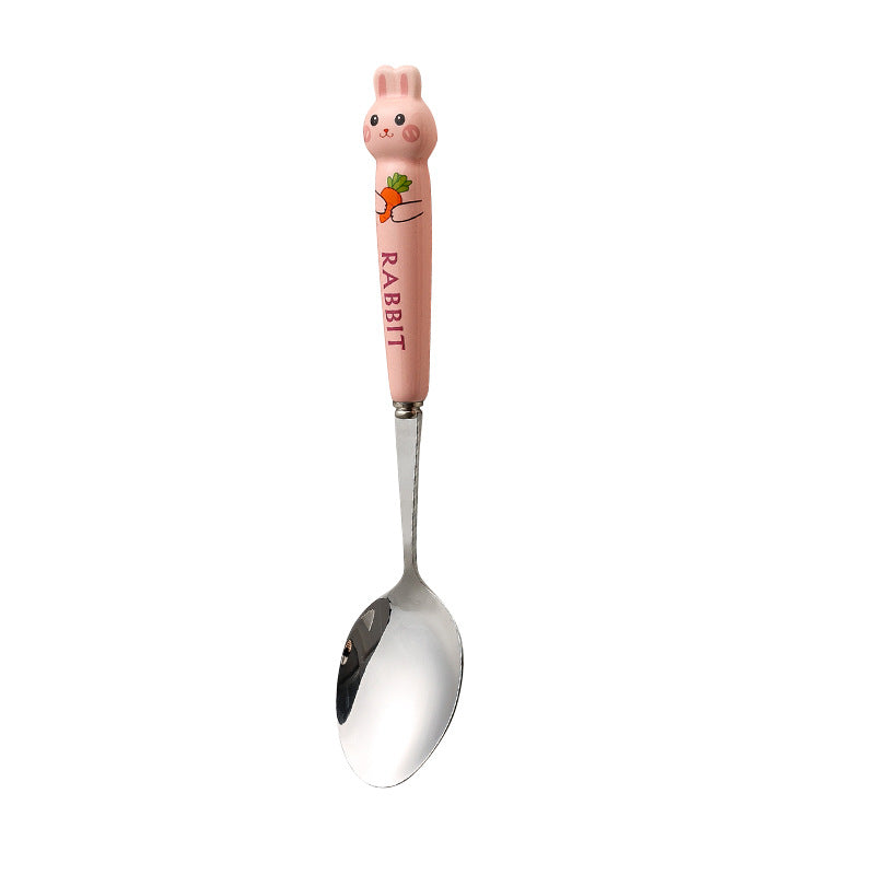 Cartoon stainless steel cutlery set: cute kids' forks with stylish ceramic handles, exquisite dessert spoons, and serving spoons
