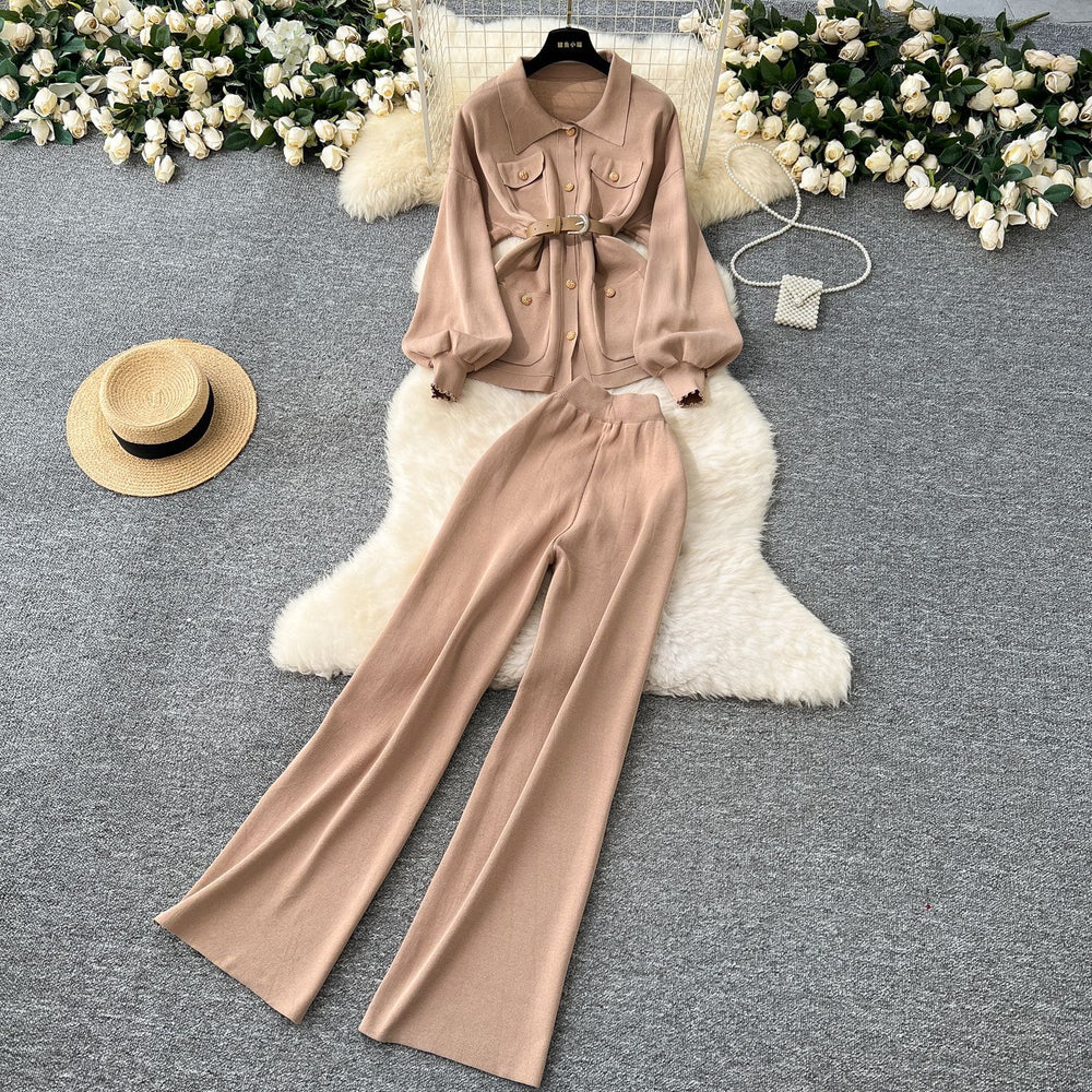 High-end socialite style women's winter new arrival: metallic buckle tie-waist long-sleeved knit top with high-waisted wide-leg pants