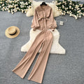 High-end socialite style women's winter new arrival: metallic buckle tie-waist long-sleeved knit top with high-waisted wide-leg pants