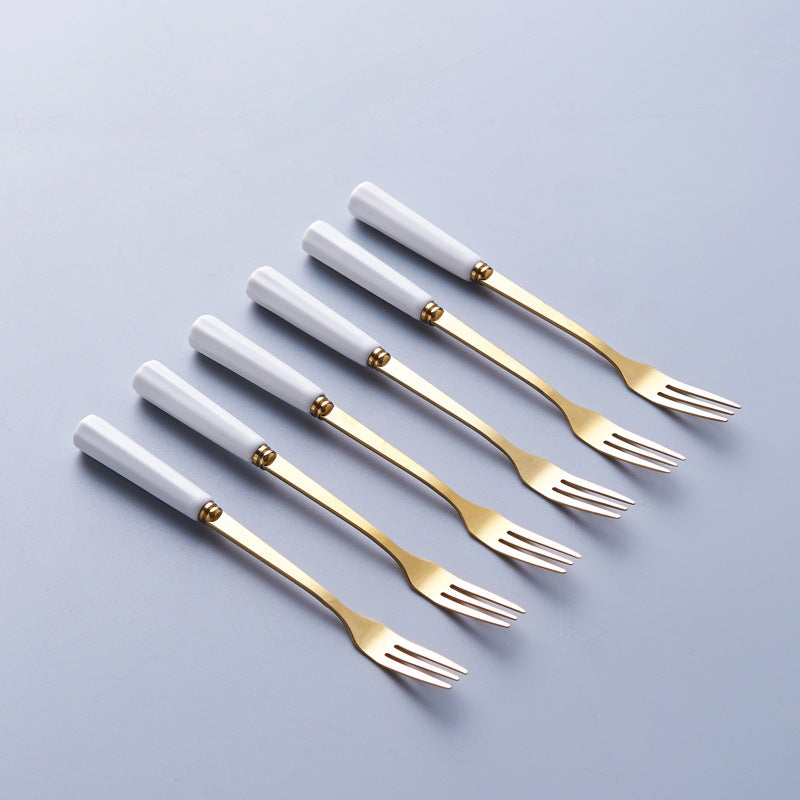 Gold-trimmed striped ceramic fruit fork storage jar - stylish stainless steel fruit forks, a great home essential, spoon and fork set