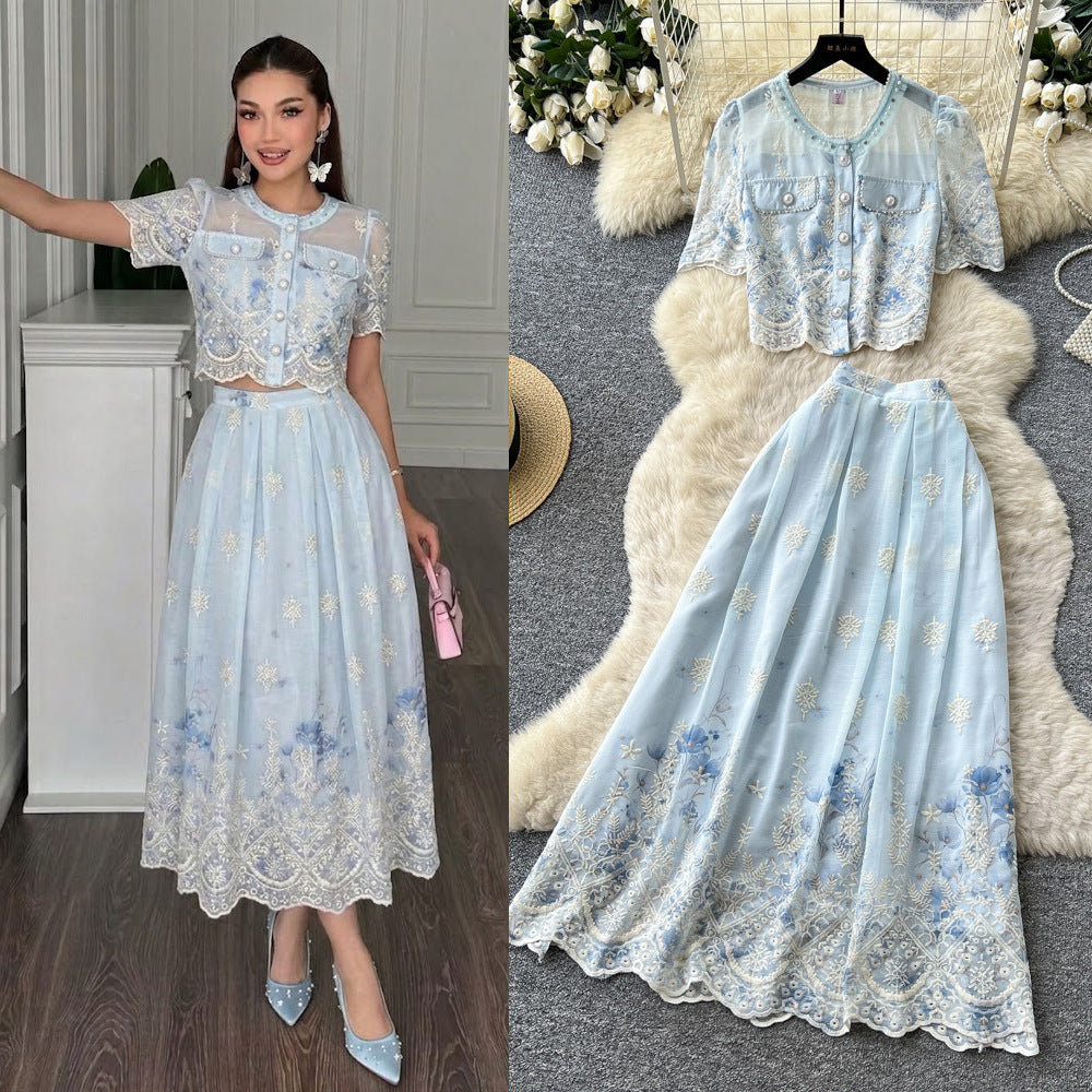 French chic floral print short sleeve embroidered two-piece set - women's summer casual slim fit age-defying outfit