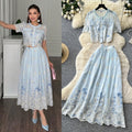 French chic floral print short sleeve embroidered two-piece set - women's summer casual slim fit age-defying outfit