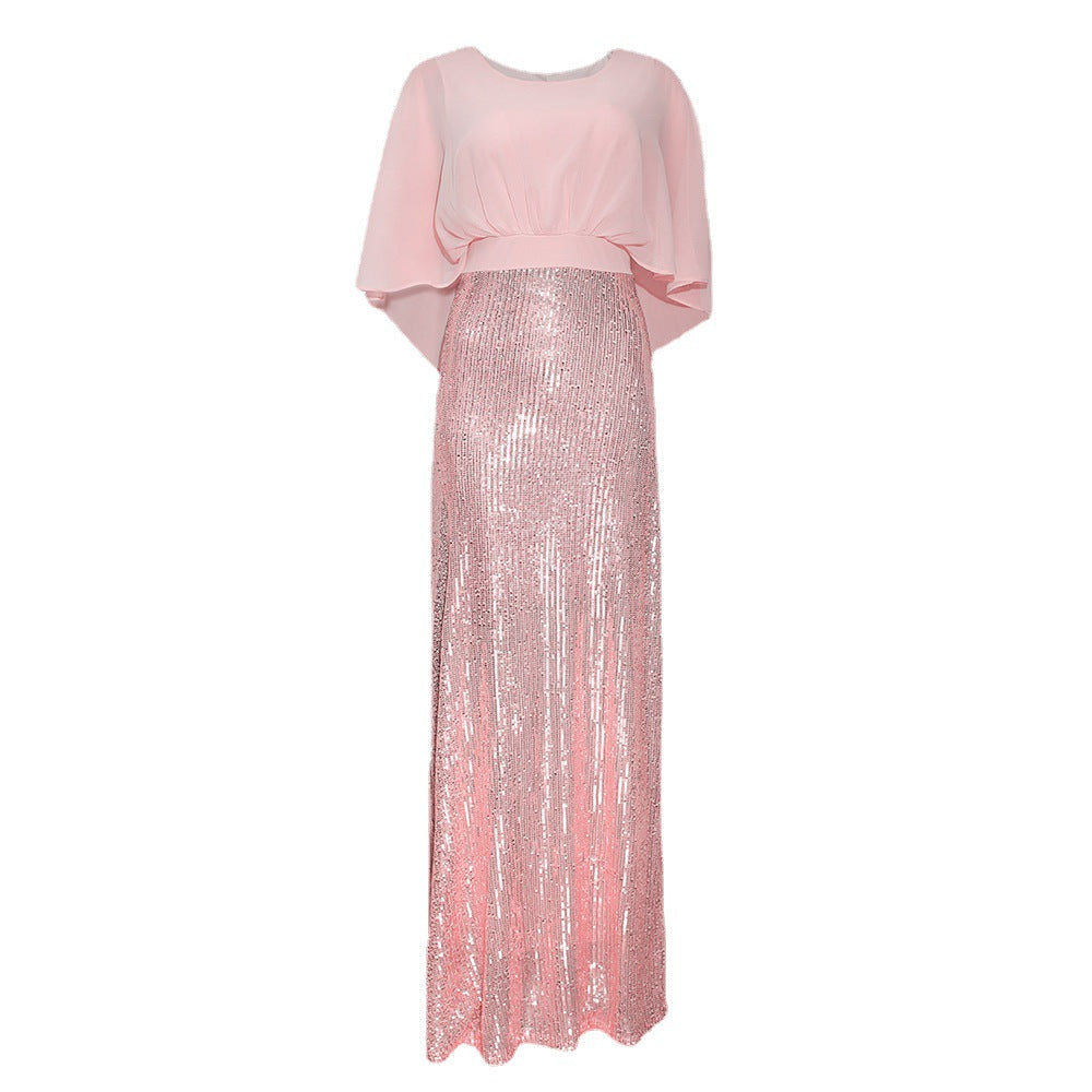Kayat cross-border supply: african women's clothing - heavily beaded sequin patchwork chiffon batwing sleeve evening gown dress