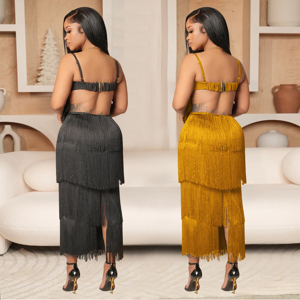 C7431 cross-border   fashion women's sexy sling backless tassel long dress