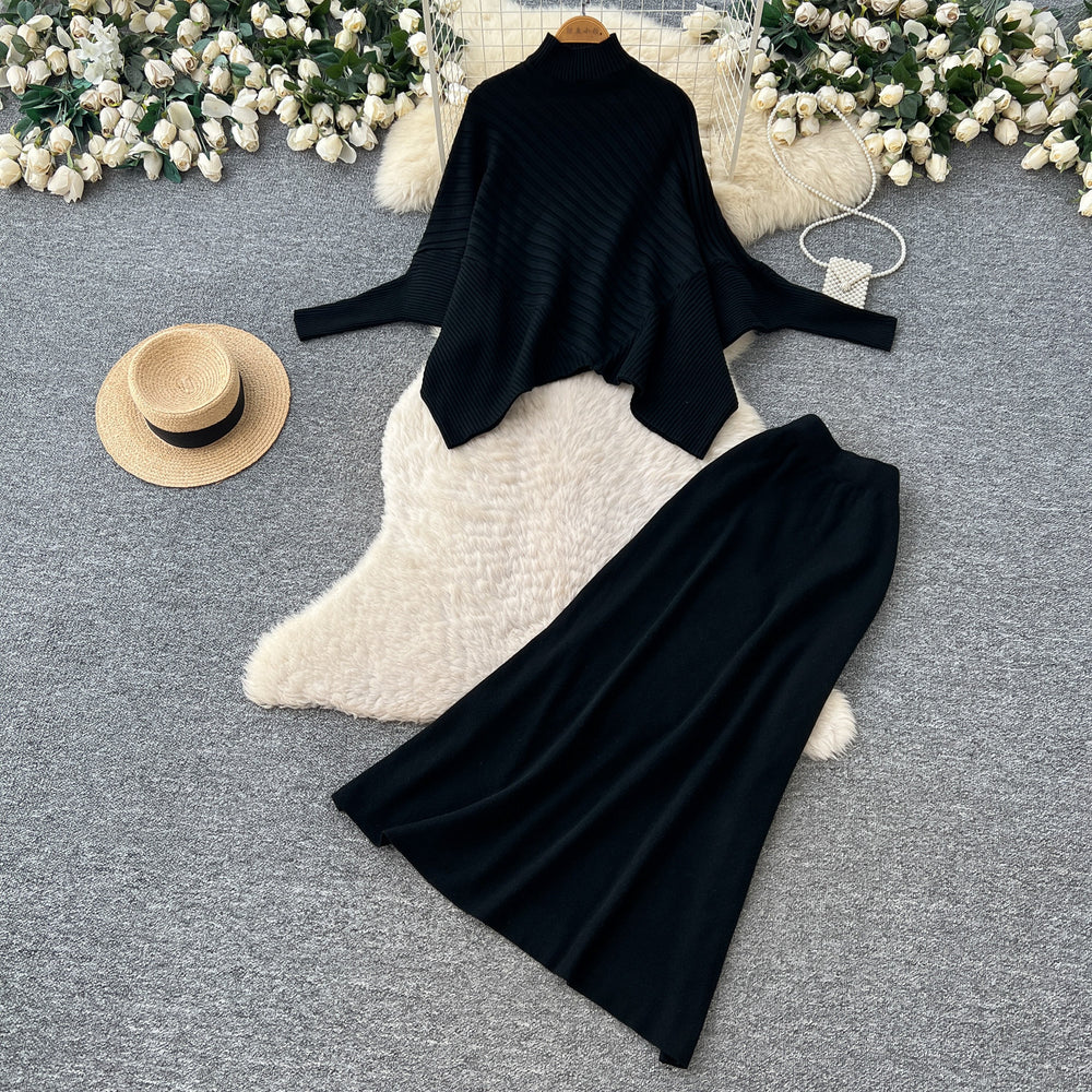 Lazy style red turtleneck knitting shirt skirt suit women's autumlong sleevesslimming looktwo-piece set atmosphere outfit