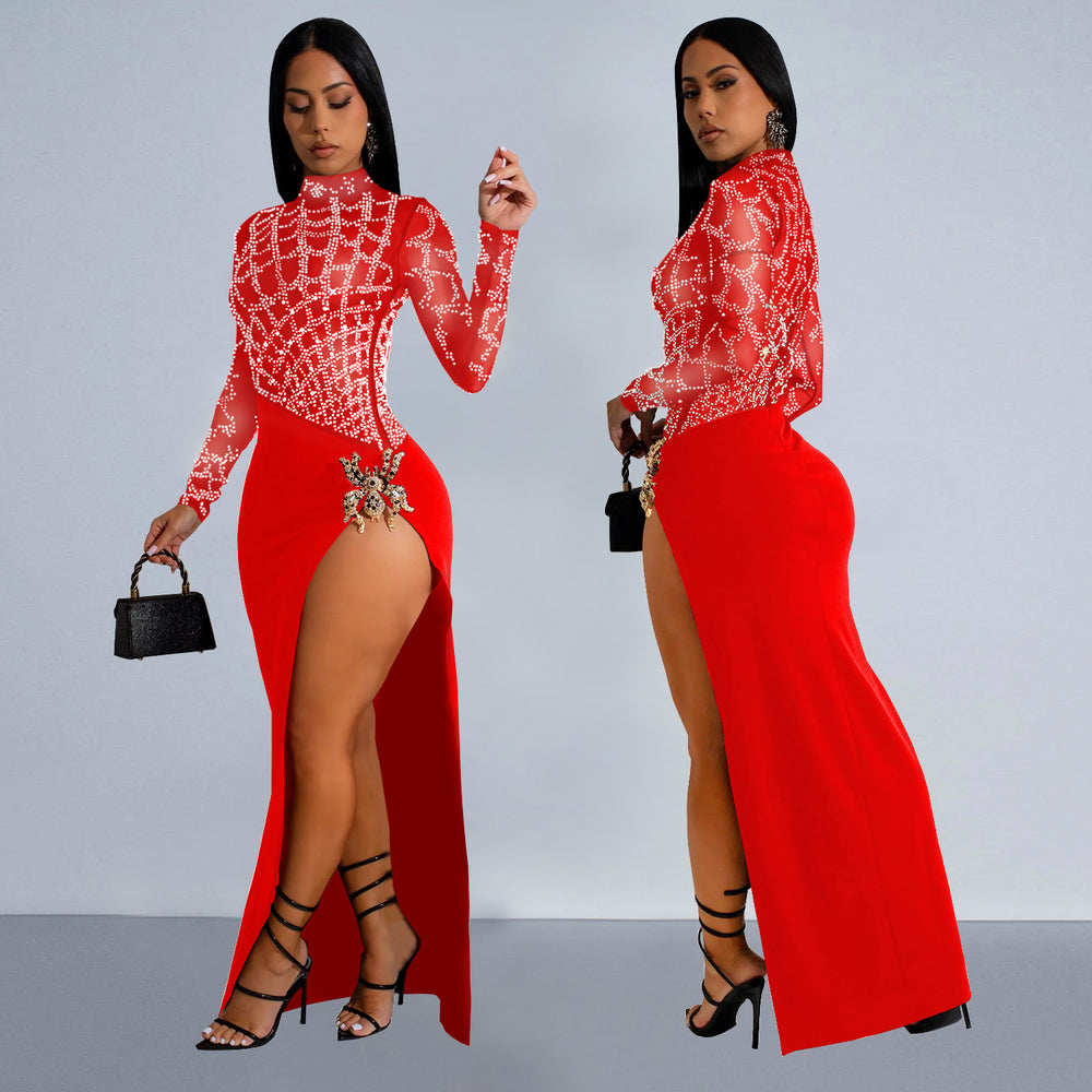 C7119 cross-border   fashion women's hotfix rhinestone sexy cutout long sleeve slit dress