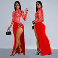 C7119 cross-border   fashion women's hotfix rhinestone sexy cutout long sleeve slit dress
