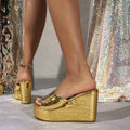 Women's chunky heel sandals - gold glitter, fashionable, elegant, minimalist, slip-on, casual sandals