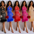C6729 cross-border   fashion women's solid color rhinestone halter backless mini dress