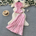 Elegant beaded lace v-neck two-piece set: a sophisticated and slim-fitting summer outfit for women