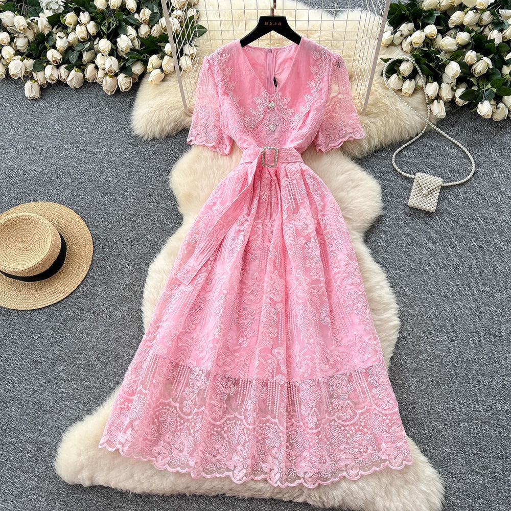 Frenchclassyheavy industry lace doll collar short sleeve waist embroiderdress women's summer slimming lookelegantlong skirt