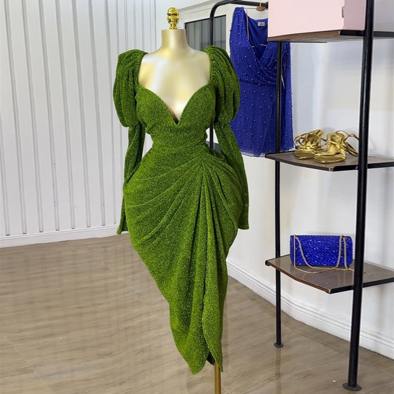 European and american cross-border women's fashion:  summer new arrivals - sexy and elegant v-neck lantern sleeve evening gown bodycon dress