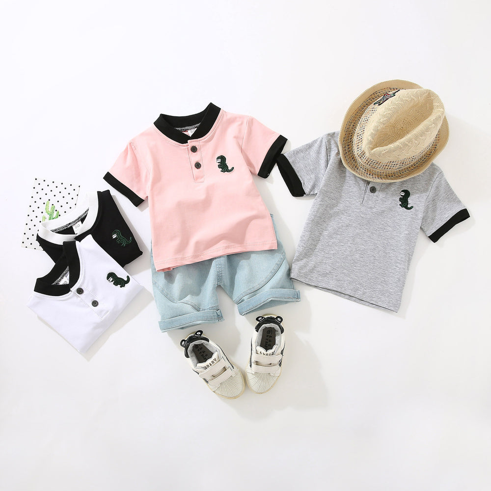 Kids' polo shirt set, 0-5 years old, embroidered dinosaur short-sleeve t-shirt and shorts 2-piece set, cross-border e-commerce