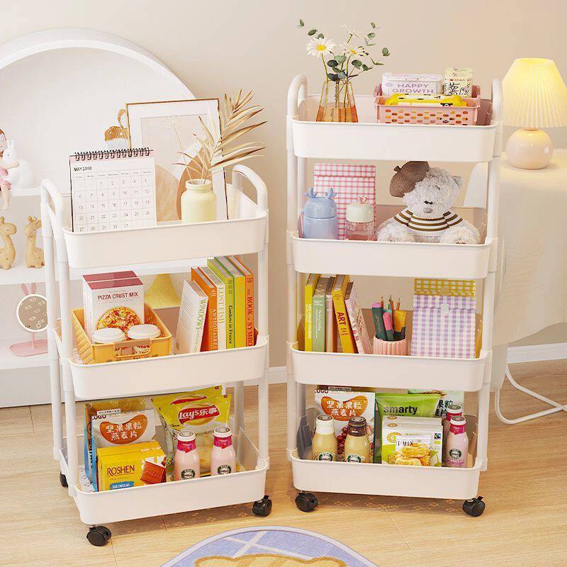 Mobile rolling cart shelf - freestanding storage rack with wheels for living room, snacks, home, bedroom, and bedside storage
