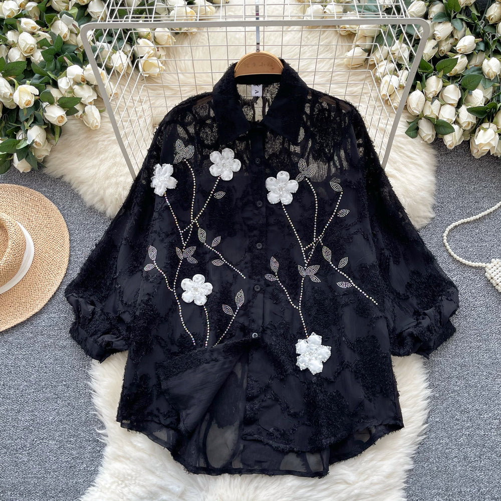 French style women's top - new early autumn long sleeve shirt with heavily embellished diamond and 3d floral embroidery, versatile and slimming chiffon blouse