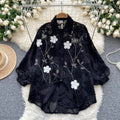 French style women's top - new early autumn long sleeve shirt with heavily embellished diamond and 3d floral embroidery, versatile and slimming chiffon blouse