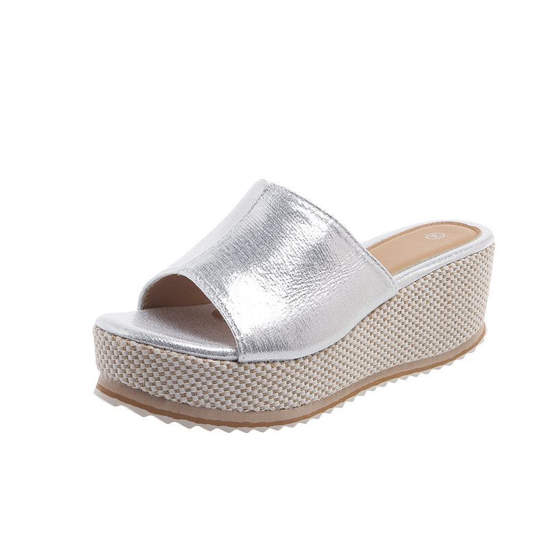 Thick sole high heel slippers for women  summer new arrivalfashion style one-shaped women's pure colorplus size wedge heel slippers