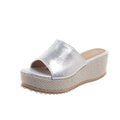Thick sole high heel slippers for women  summer new arrivalfashion style one-shaped women's pure colorplus size wedge heel slippers