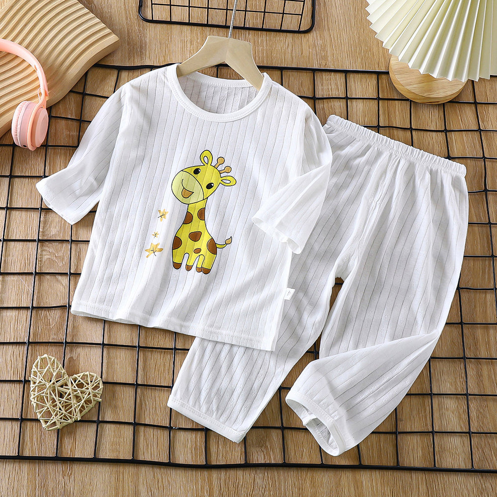 Kids' 100% cotton loungewear set - lightweight, breathable, three-quarter sleeve, air conditioning suit for boys and girls, baby summer long-sleeve pajamas