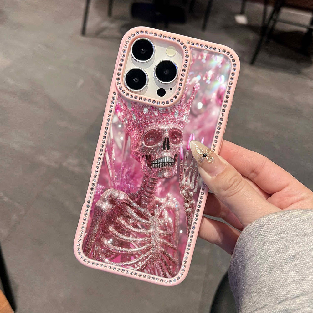 Suitable for iphone 16 pink skull rhinestone mobile phone case apple 17 stylish cool high-end anti-fall protective cover