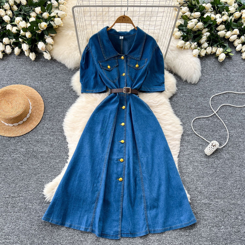 summer new arrival: chic and unique puff sleeve, single-breasted, cinched-waist denim dress - french style, slimming maxi dress for women