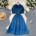 summer new arrival: chic and unique puff sleeve, single-breasted, cinched-waist denim dress - french style, slimming maxi dress for women