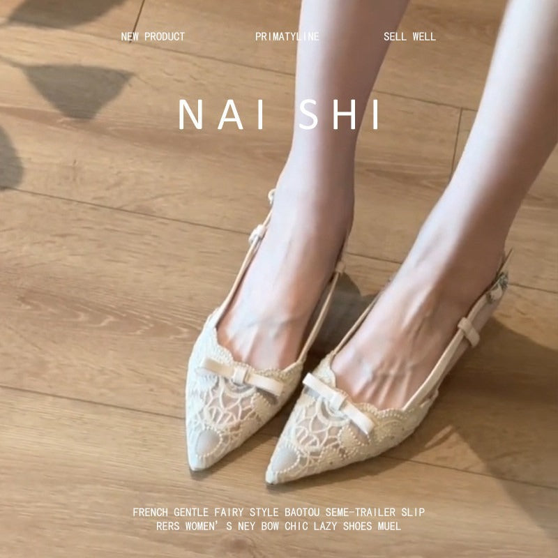 French pointed-toe lace bow heeled sandals - women's stiletto closed-toe slingbacks - elegant style - new 2026 collection