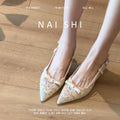 French pointed-toe lace bow heeled sandals - women's stiletto closed-toe slingbacks - elegant style - new 2026 collection