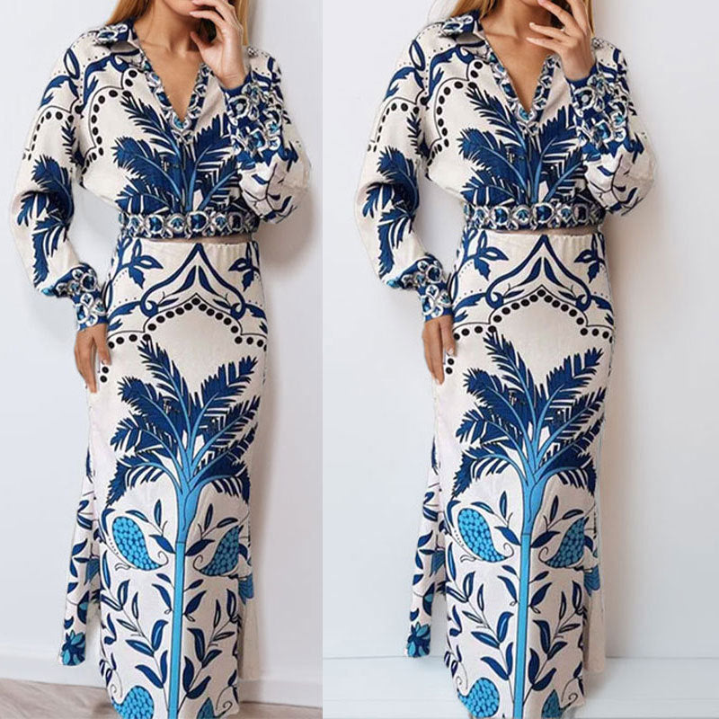 summer new women's clothing: cross-border european and american hot seller - fashionable printed v-neck irregular top and maxi skirt set