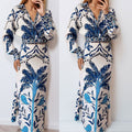 summer new women's clothing: cross-border european and american hot seller - fashionable printed v-neck irregular top and maxi skirt set