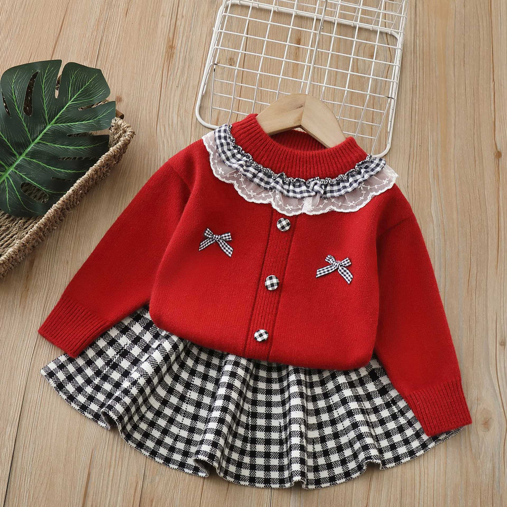 Girls' sweater set: new korean style, chic bow detail, fresh plaid mini skirt two-piece outfit