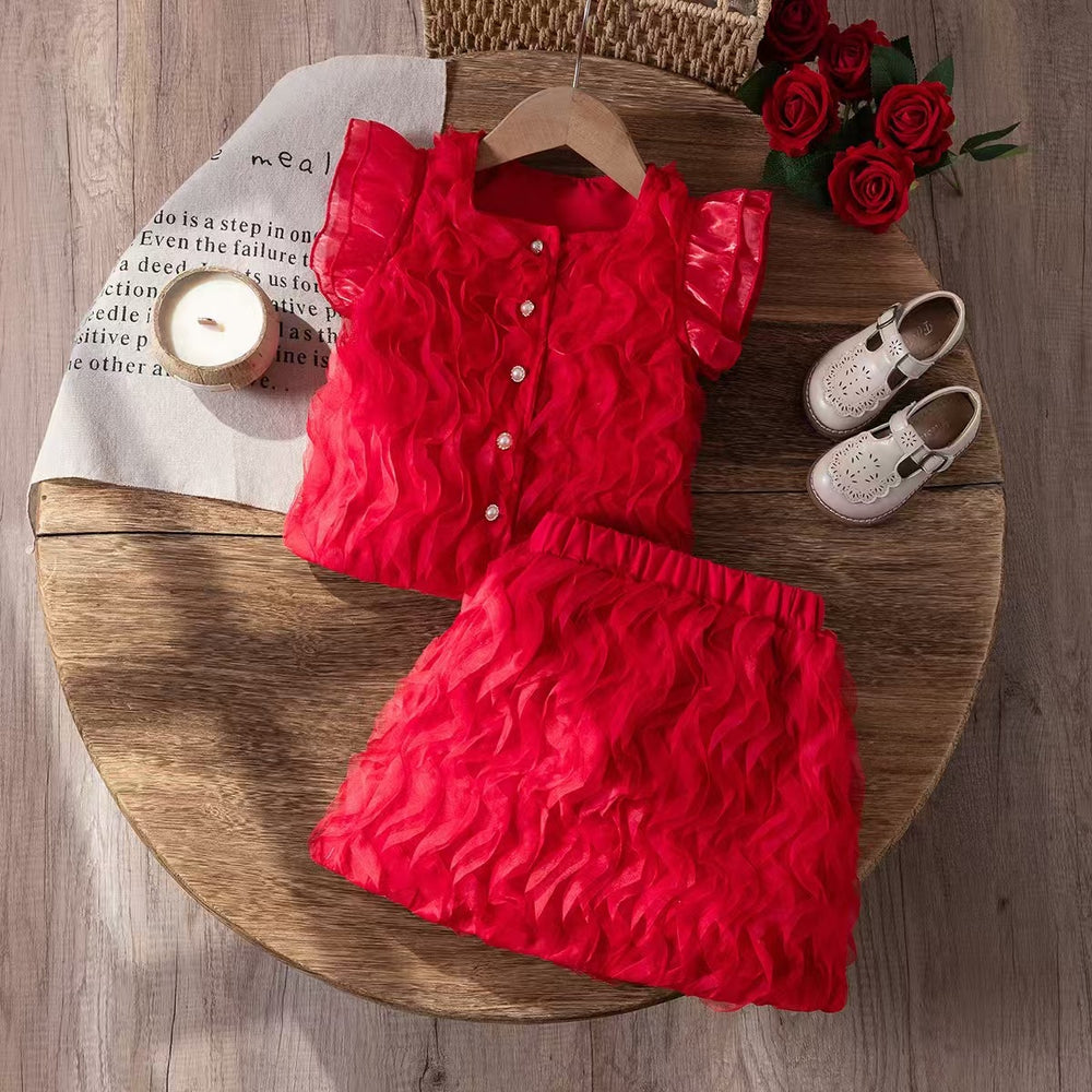 summer cross-border e-commerce 3d mesh wave patchwork top + skirt two-piece set girls' outfit