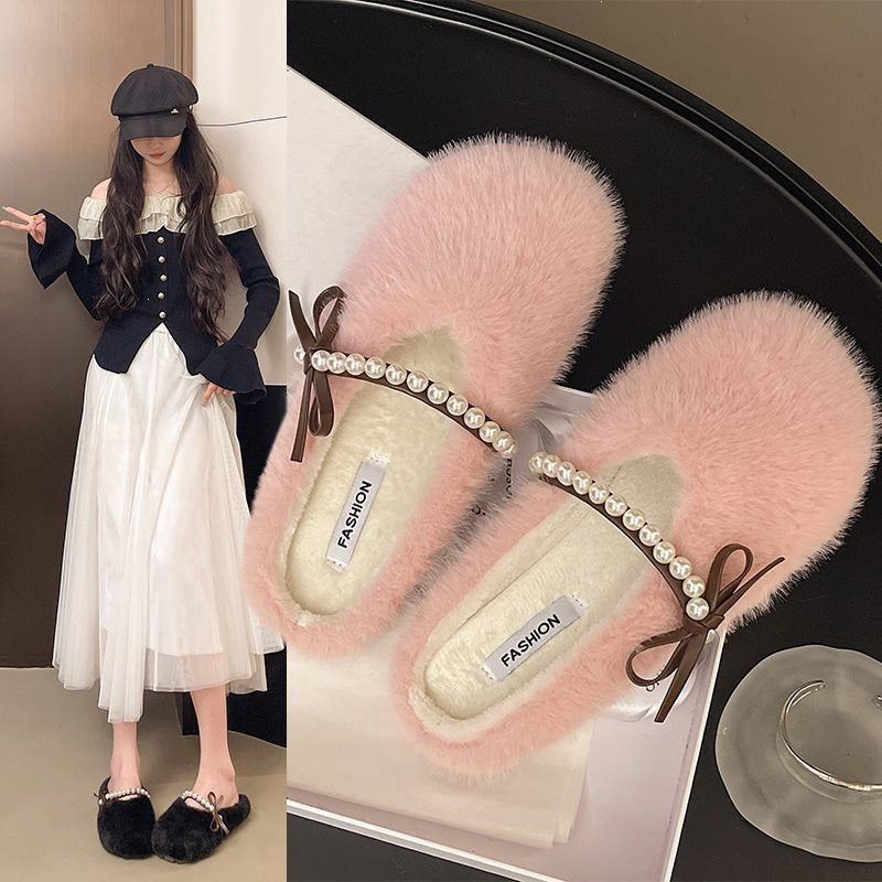 Plus size fairy style pearl half-sole flat slippers -  autumn korean style warm lazy bowknot fuzzy slippers