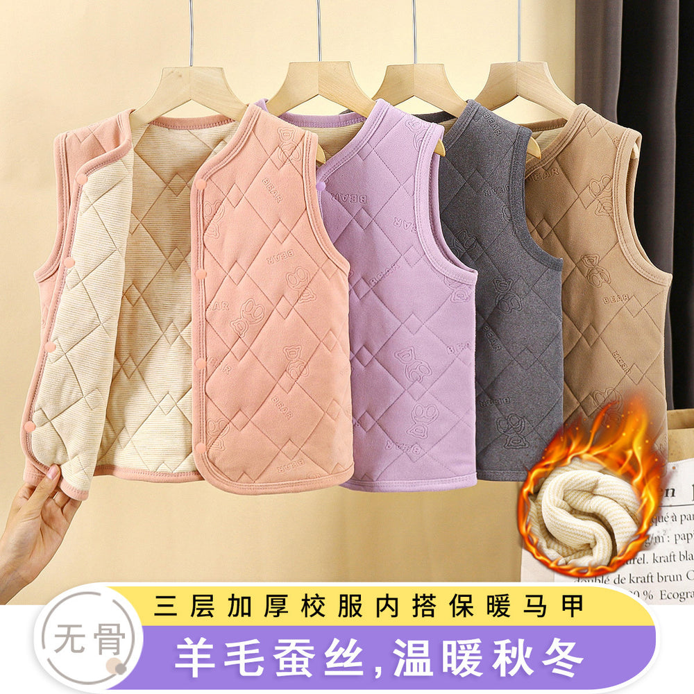 New winter quilted silk fleece vest set - thickened, wearable as outerwear or inner layer, perfect for school uniforms, warm and cozy for boys and girls