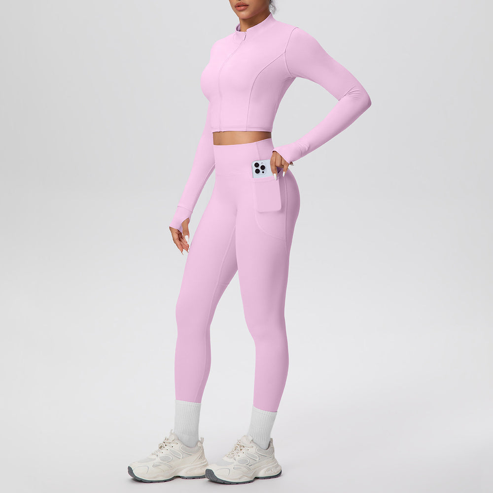 Ready-to-ship cross-border solid color brushed micro-fleece short jacket & leggings set - tight fit, pocketed, perfect for running, fitness, and yoga