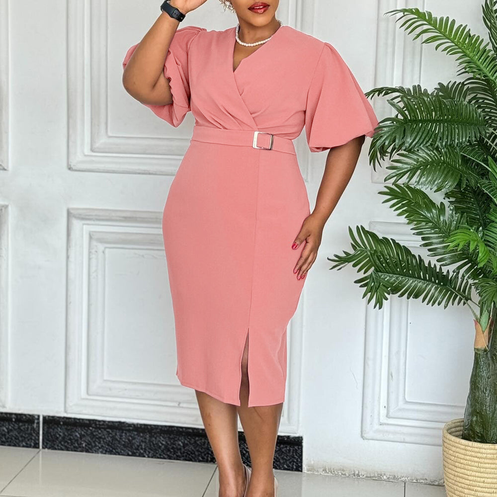 D3331export women's clothing new arrivalfashionv neck puff sleeves pure color waist slit hip-covering african dress
