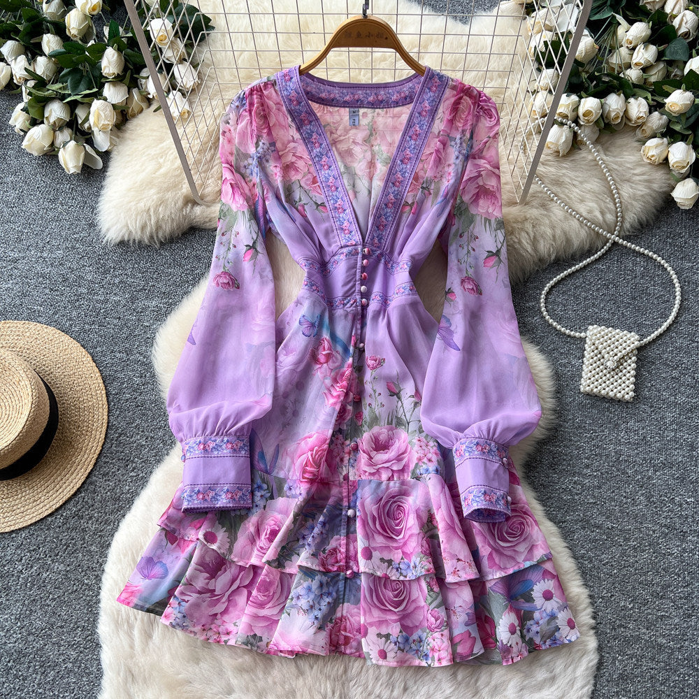 French romantic v-neck floral dress - women's spring/autumn korean style long sleeve high waist tie-waist slimming a-line dress