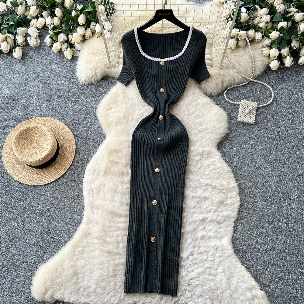 French hepburn style burgundy knittingdress women's summerk-style single-breasted silmelegant long skirt work clothing