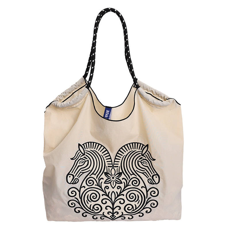 Casual women's shoulder & crossbody bag - large capacity shopping tote - nylon canvas bag - spring handmade printed fabric bag