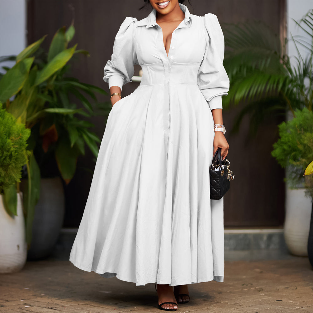 D570 cross-border women's elegant long-sleeve a-line shirt dress - stylish solid color mid-length african dress