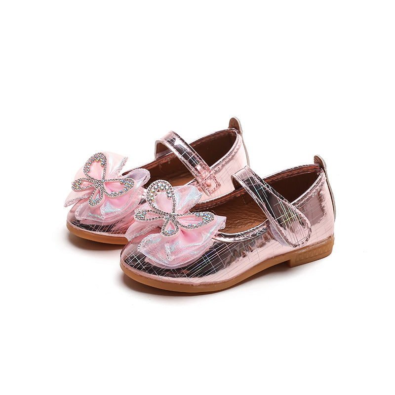 Girls'  spring new bowknot soft sole princess leather shoes for mid-to-large children - wholesale magic tape closure kids' shoes (direct from manufacturer)